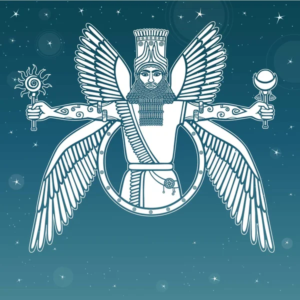 Ancient Assyrian winged deity. Character of Sumerian mythology. Background - the night star sky. — Stock Vector