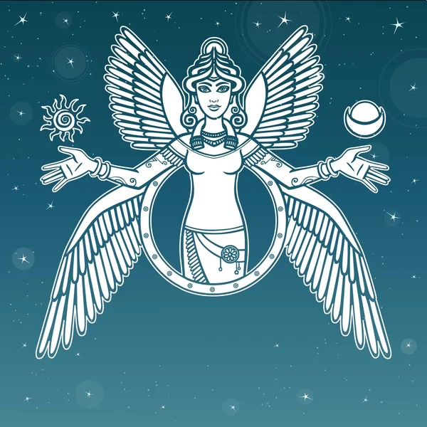 Ilustración vectorial: la diosa estilizada Ishtar. Carácter de la mitología sumeria. Ángel, reina, ídolo, personaje mítico. Fondo - el cielo estrellado nocturno . — Archivo Imágenes Vectoriales