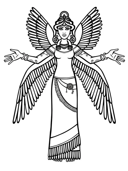 Ilustración vectorial: la diosa estilizada Ishtar. Carácter de la mitología sumeria. Crecimiento total. La silueta negra aislada sobre un fondo blanco . — Vector de stock