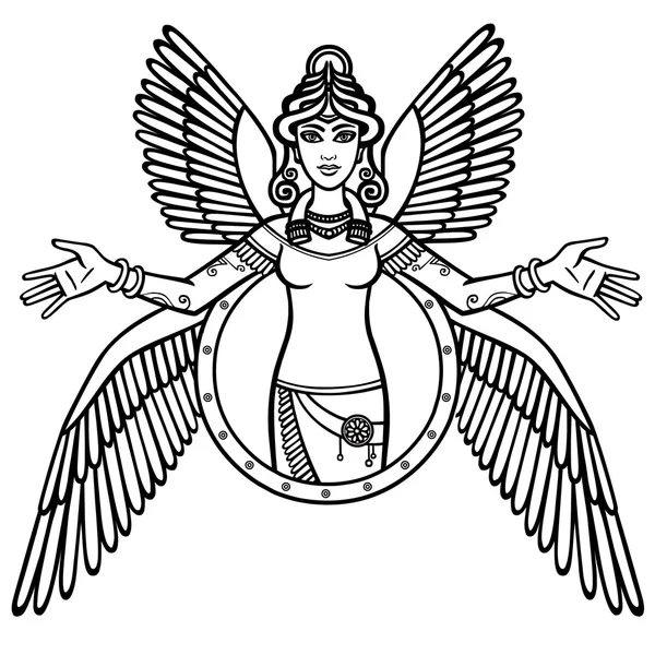 Ilustración vectorial: la diosa estilizada Ishtar. Carácter de la mitología sumeria. La silueta negra aislada sobre un fondo blanco . — Archivo Imágenes Vectoriales