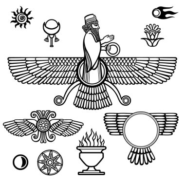 Peygamber Farvahar görüntüsü. Ezoterik semboller kümesi. Beyaz bir arka plan üzerinde izole siyah siluet. Vektör çizim.