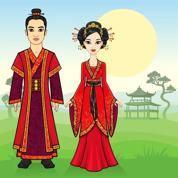 Portret van een animatie Chinese familie in traditionele kleding. Volle groei. Achtergrond-een zomer berglandschap. Vector illustratie. — Stockvector