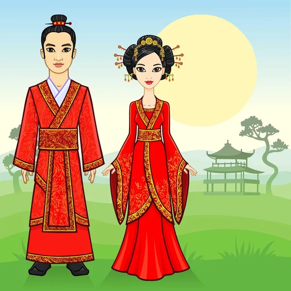 Portret van een animatie Chinese familie in traditionele kleding. Volle groei. Achtergrond-een zomer berglandschap. Vector illustratie. — Stockvector