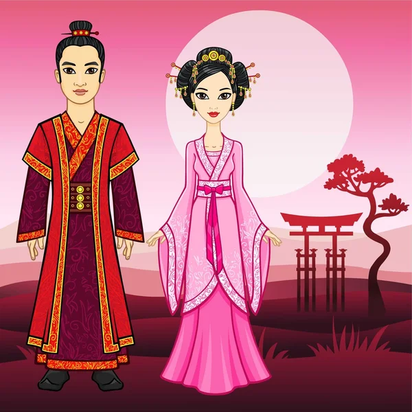 Portrait of an animation Chinese family in traditional clothes. Full growth. Background - a mountain landscape. Vector illustration. — Stock Vector