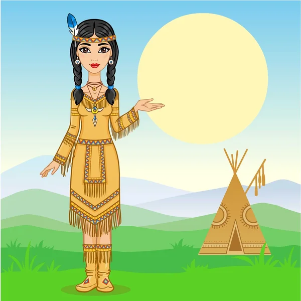 Amerikan Yerlisi kıyafetleri giymiş çekici kız. Tam büyüme. Davetkar jest. Arka plan - bir dağ manzara. Vektör çizimi. — Stok Vektör