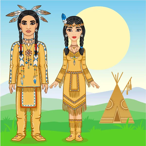 Família de animação em roupas dos índios americanos. Crescimento total. Fundo - uma paisagem montesa. Ilustração vetorial . —  Vetores de Stock