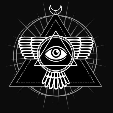 Ezoterik sembol: kanatlı piramit, bilgi gözü, kutsal geometri. Siyah bir arka plan üzerinde izole monokrom çizim. Vektör illüstrasyon. Baskı, posterler, t-shirt, tekstil.