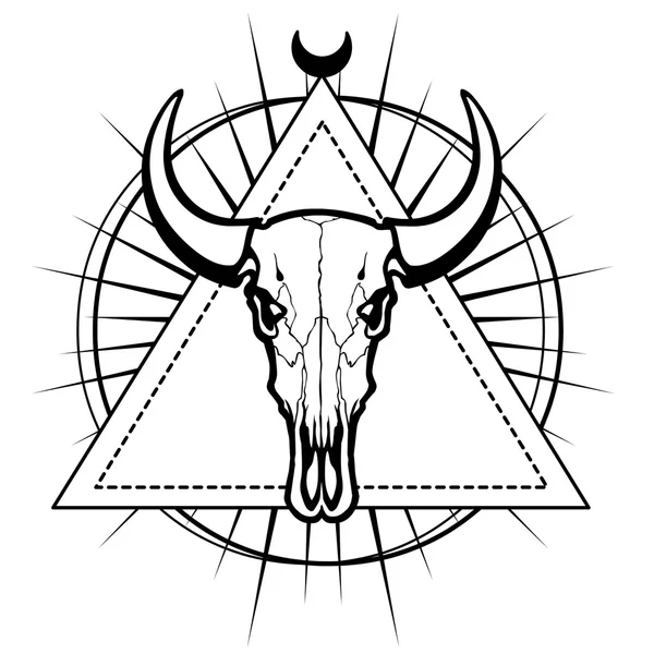 El cráneo de un toro se pone en figuras geométricas. Símbolo esotérico, geometría sagrada. Dibujo monocromático aislado sobre fondo blanco. Ilustración vectorial. Imprimir, carteles, camiseta, textiles . — Vector de stock