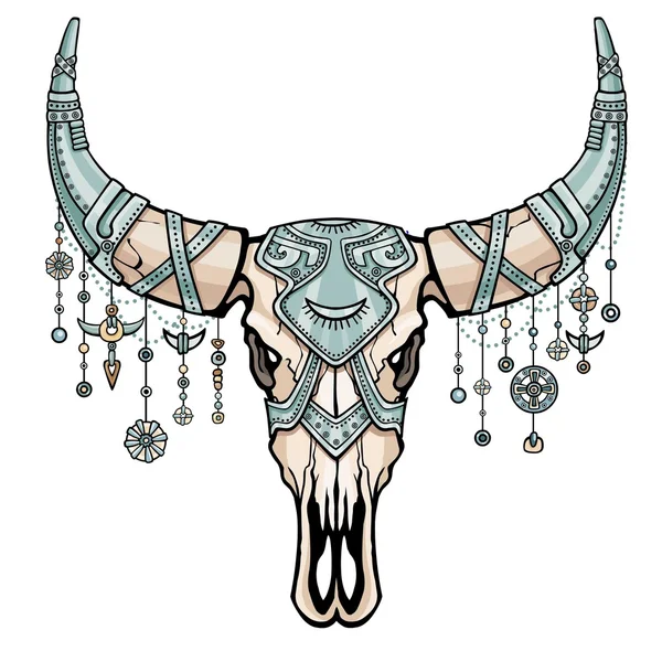 Crâne fantastique d'un taureau en armure de fer. Des bijoux ethniques. Symbole ésotérique, design boho.Le dessin en couleur isolé sur un fond blanc. Illustration vectorielle. Impression, affiches, t-shirt, textiles . — Image vectorielle