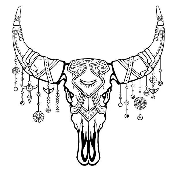 Fantastic skull of a bull. Ethnic jewelry and beads, Indian motives. Boho design. The linear drawing isolated on a white background. Vector illustration, be used for coloring book. — Stock Vector