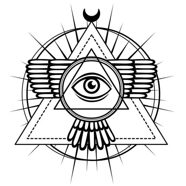 Ezoterik sembol: kanatlı piramit, bilgi gözü, kutsal geometri. Beyaz bir arka plan üzerinde izole monokrom çizim. Vektör illüstrasyon. Baskı, posterler, t-shirt, tekstil.