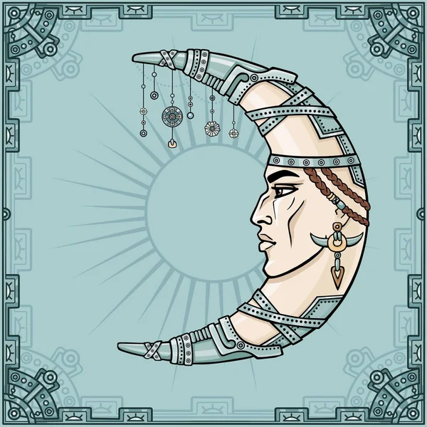 Fantástica media luna con un rostro humano. Espíritu del chamán. Símbolo esotérico, diseño boho. Motivos indios. El fondo - el marco de los elementos de hierro. Ilustración vectorial . — Vector de stock