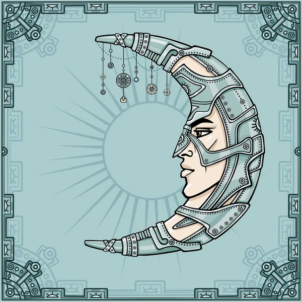 Fantastic crescent with a human face. Spirit of the soldier. Esoteric symbol, boho design. A background - a frame from iron elements. Vector illustration. — Stock Vector