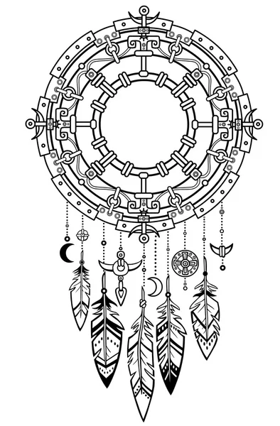 Círculo místico decorativo con cuentas y joyas étnicas. Dibujo lineal, el contorno negro aislado sobre un fondo blanco. Ilustración vectorial. Imprimir, carteles, camiseta, textiles . — Vector de stock