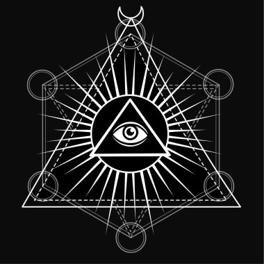 Providence'ın gözü. Hepsi üçgen piramidin içinde göz görüyor. Ezoterik sembol, kutsal geometri. Siyah bir arka plan üzerinde izole monokrom çizim. Vektör illüstrasyon. Baskı, posterler, t-shirt, tekstil.