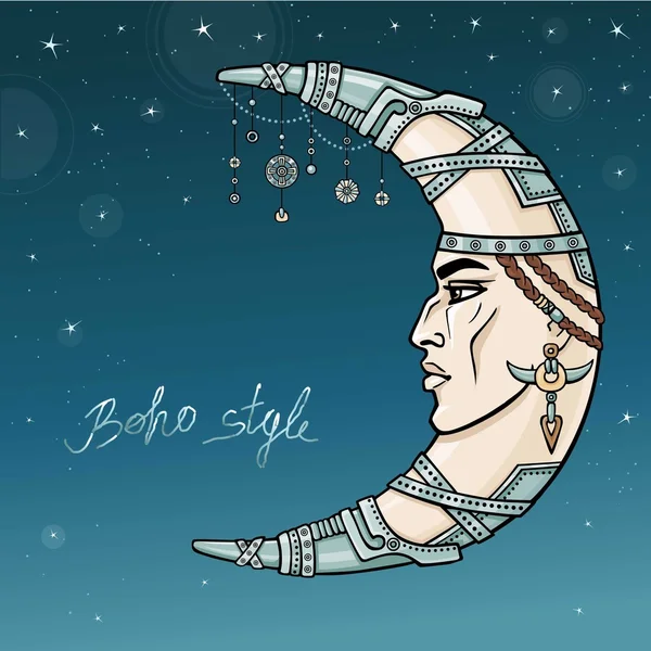 Bulan sabit yang fantastis dengan wajah manusia. Roh dari shaman. Simbol esoteris, desain boho. Motif India. Ilustrasi warna vektor, latar belakang langit malam bintang . - Stok Vektor