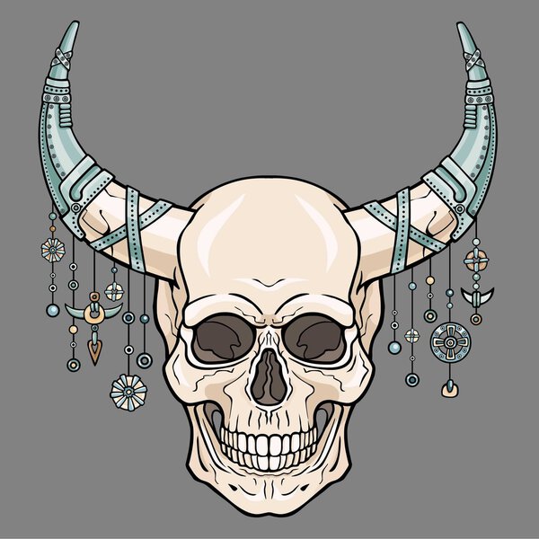 Фантастический рогатый человеческий череп в железных доспехах. Этнические украшения. Дизайн. Изолированный рисунок на сером фоне
. 