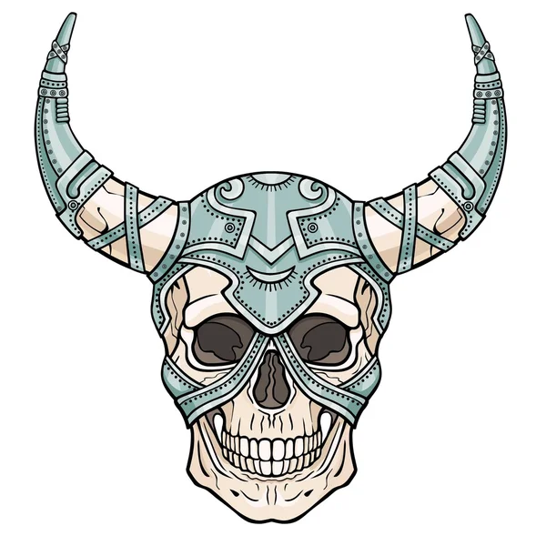 Fantástico cráneo humano con cuernos en armadura de hierro. Espíritu del soldado. Diseño Boho . — Vector de stock