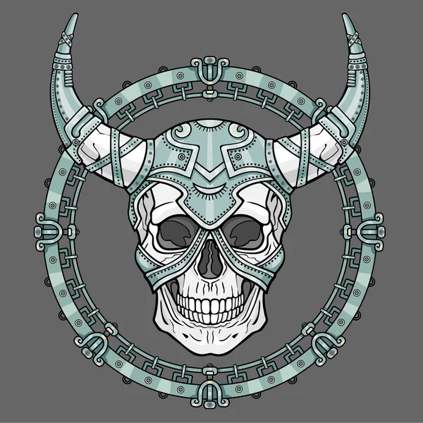 Fantastische gehoornde menselijke schedel in IJzeren Armor. Geest van de soldaat. Metalen cirkel. Boho design. De geïsoleerde tekening op een grijze achtergrond. Vector illustratie. Print, posters, t-shirt, textiel. — Stockvector