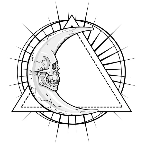 Fantastický měsíc v podobě lidské lebky. Esoterický symbol, posvátná geometrie. Monochromatický výkres izolovaný na bílém pozadí Vektorová ilustrace. Tisk, plakáty, tričko, textil. — Stockový vektor