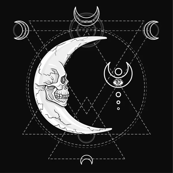 A fantasztikus Hold, formájában egy emberi koponya. Ezoterikus szimbólum, Szent geometria. Fekete háttérre izolált monokróm rajz. Vektoros illusztráció. Textil, nyomdai, plakát, póló. — Stock Vector