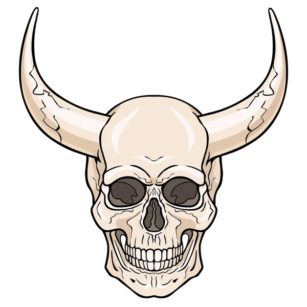 Fantástico cráneo humano con cuernos. La ilustración en color aislada sobre un fondo blanco. Imprimir, carteles, camiseta, textiles . — Vector de stock