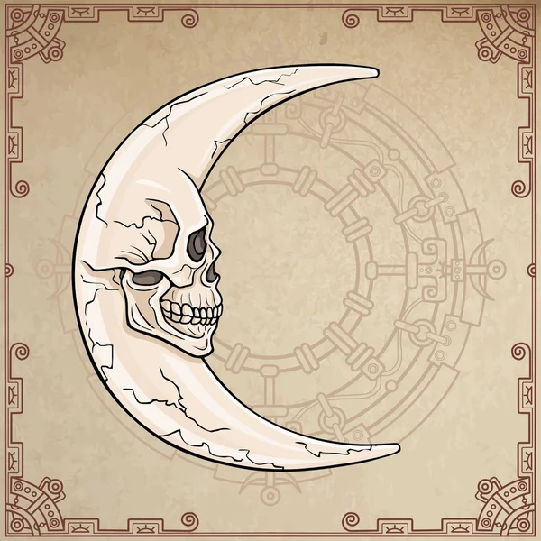 De fantastische maan in de vorm van een menselijke schedel. Esoterisch symbool, Boho design. Achtergrond-een etnisch kader, een spiritualistische cirkel, een imtatie van oud papier. Vector illustratie. — Stockvector