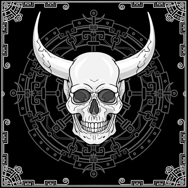 Fantastik boynuzlu insan kafatası. Şeytanın ezoterik görüntüsü, şaman, efsanevi karakter. Sihirli daire, siyah arka plan. Tek renkli vektör çizimi. — Stok Vektör