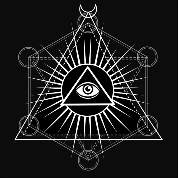 Mata Providence. Semua melihat piramida segitiga dalam mata. Simbol esoteris, geometri suci. Gambar monokrom terisolasi pada latar belakang hitam. Vektor ilustrasi. Cetak, poster, t-shirt, tekstil . Stok Vektor Bebas Royalti