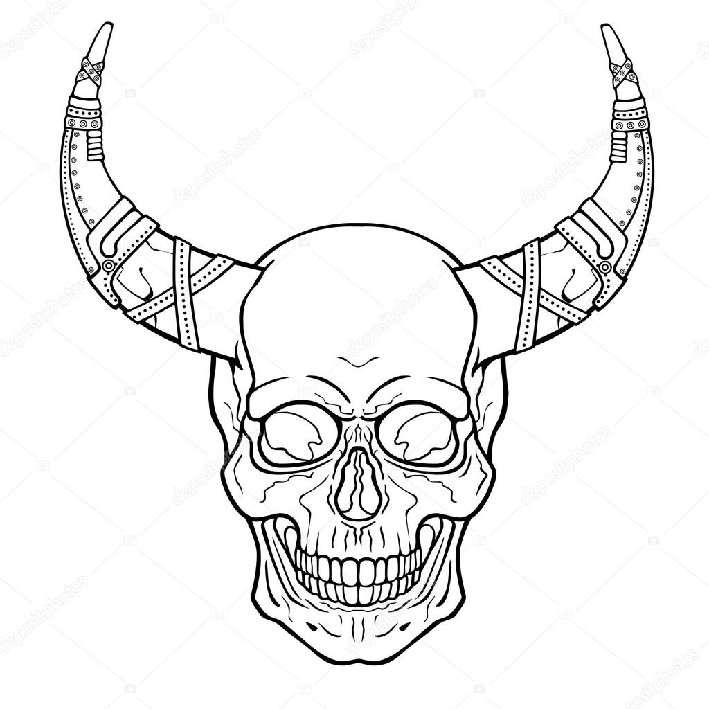 Demon Skull With Horns Drawing