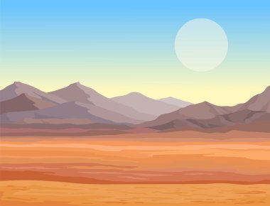 Animation landscape of the desert. The lifeless heated sand, mountains. Vector illustration, the place for the text. clipart