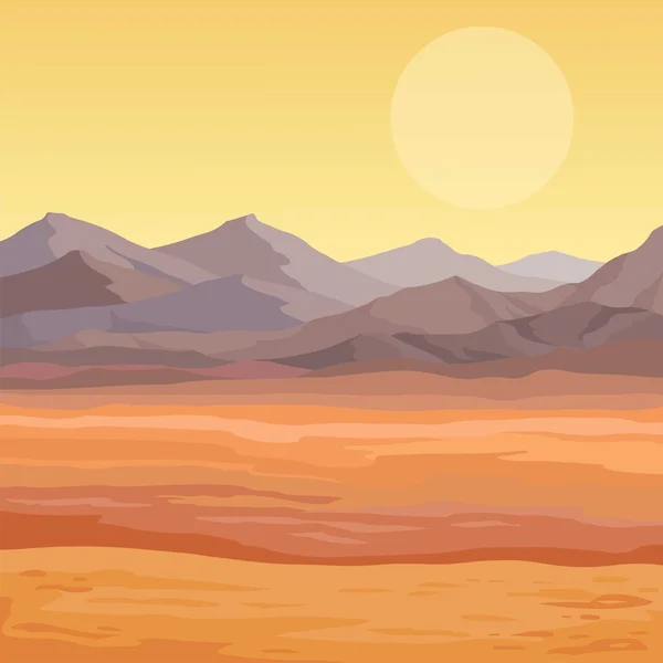 Animáció a sivatagi táj. Az élettelen fűtött homok, hegyek. Vektoros illusztráció, az a hely, a szöveg. — Stock Vector
