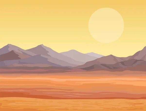 Paisaje de animación del desierto. La arena calentada sin vida, montañas. Ilustración vectorial, el lugar para el texto . — Vector de stock