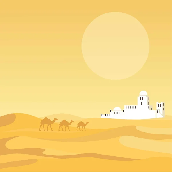 Animatie landschap van de woestijn. De caravan van kamelen gaat naar de witte stad. Vectorillustratie, de plek voor de tekst. — Stockvector