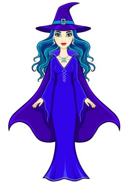 Animasyon güzel cadı. Beyaz bir arka plan üzerinde izole vektör çizim.