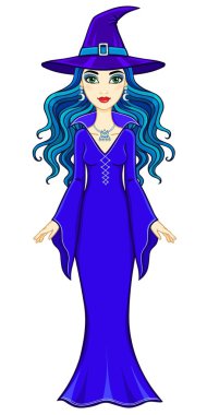 Animasyon güzel cadı. Beyaz bir arka plan üzerinde izole vektör çizim.