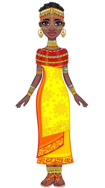 Animasyon çekici Afrikalı kız portresi. Tam büyüme. Beyaz bir arka plan üzerinde izole vektör çizim.