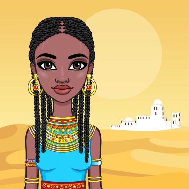 Eski giysiler içinde güzel bir Afrikalı kız portresi. Arka plan - çöl. Vektör çizim.