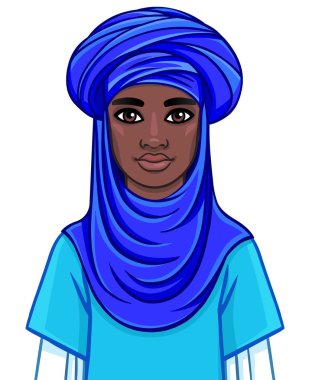 Animation portrait of the African man in a turban. The vector illustration isolated on a white background. clipart