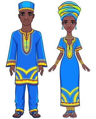 Afrikalı ailenin etnik kıyafetlerle animasyon portresi. Tam büyüme. Beyaz bir arka plan üzerinde yalıtılmış vektör çizimi.