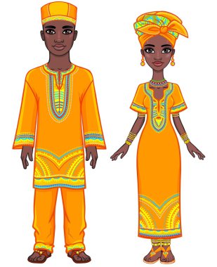 Afrikalı ailenin etnik kıyafetlerle animasyon portresi. Tam büyüme. Beyaz bir arka plan üzerinde yalıtılmış vektör çizimi.