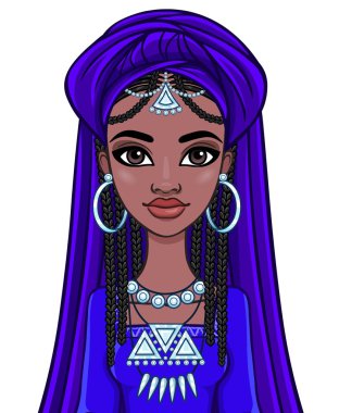 Güzel animasyon Afrikalı Prenses eski giysiler ve sarık. Beyaz bir arka plan üzerinde izole vektör çizim.