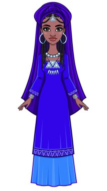 Güzel animasyon Afrikalı Prenses eski giysiler ve sarık. Tam büyüme. Beyaz bir arka plan üzerinde izole vektör çizim.