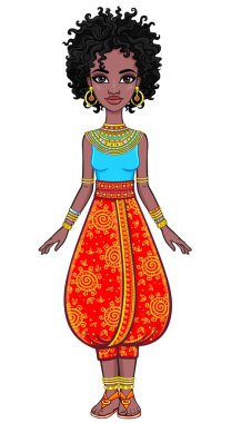 Animasyon çekici Afrikalı kız portresi. Tam büyüme. Beyaz bir arka plan üzerinde izole vektör çizim.