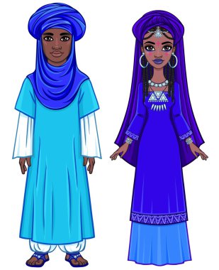 Afrikalı ailenin etnik kıyafetlerle animasyon portresi. Tam büyüme. Beyaz bir arka plan üzerinde yalıtılmış vektör çizimi.