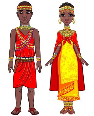 Afrika yerlilerinden oluşan bir ailenin animasyon portresi. Tam büyüme. Beyaz bir arka plan üzerinde yalıtılmış vektör çizimi.