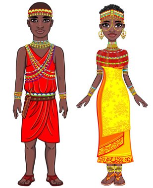 Afrika yerlilerinden oluşan bir ailenin animasyon portresi. Tam büyüme. Beyaz bir arka plan üzerinde yalıtılmış vektör çizimi.