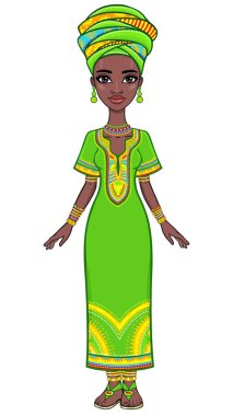 Animasyon çekici Afrikalı kız portresi. Tam büyüme. Beyaz bir arka plan üzerinde izole vektör çizim.