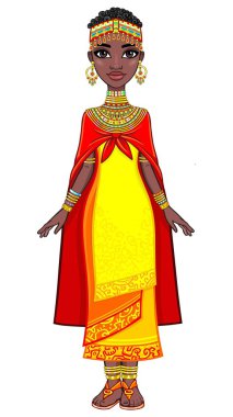 Animasyon çekici Afrikalı kız portresi. Tam büyüme. Beyaz bir arka plan üzerinde izole vektör çizim.