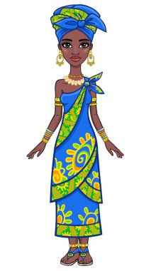 Animasyon çekici Afrikalı kız portresi. Tam büyüme. Beyaz bir arka plan üzerinde izole vektör çizim.